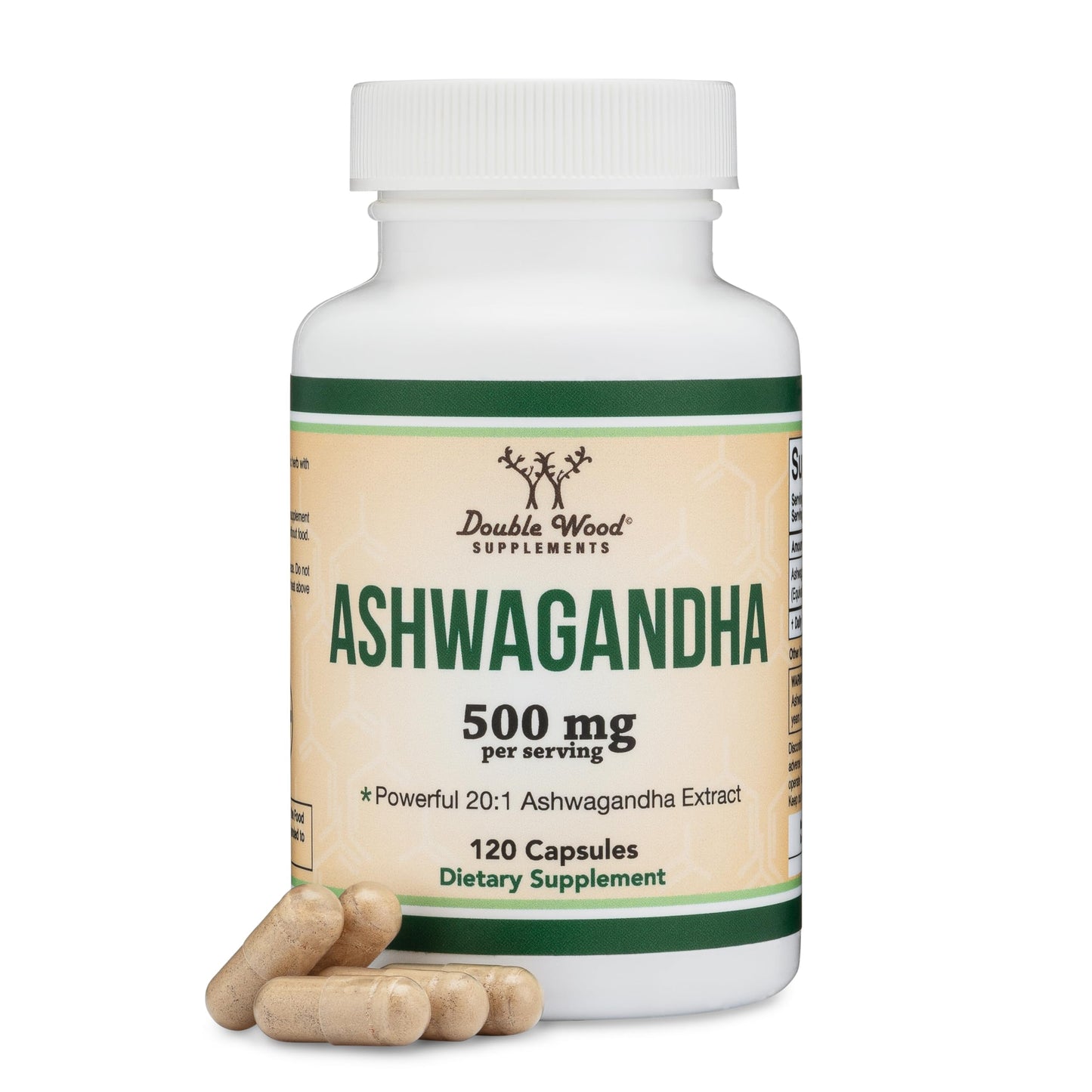 Ashwagandha Capsules 120 Count (500mg 20:1) Adaptogen | Double Wood