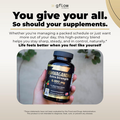 Gflow Ashwagandha 6000mg – Extra Strength for Women & Men | Sleep, Mood & Energy | Made in USA