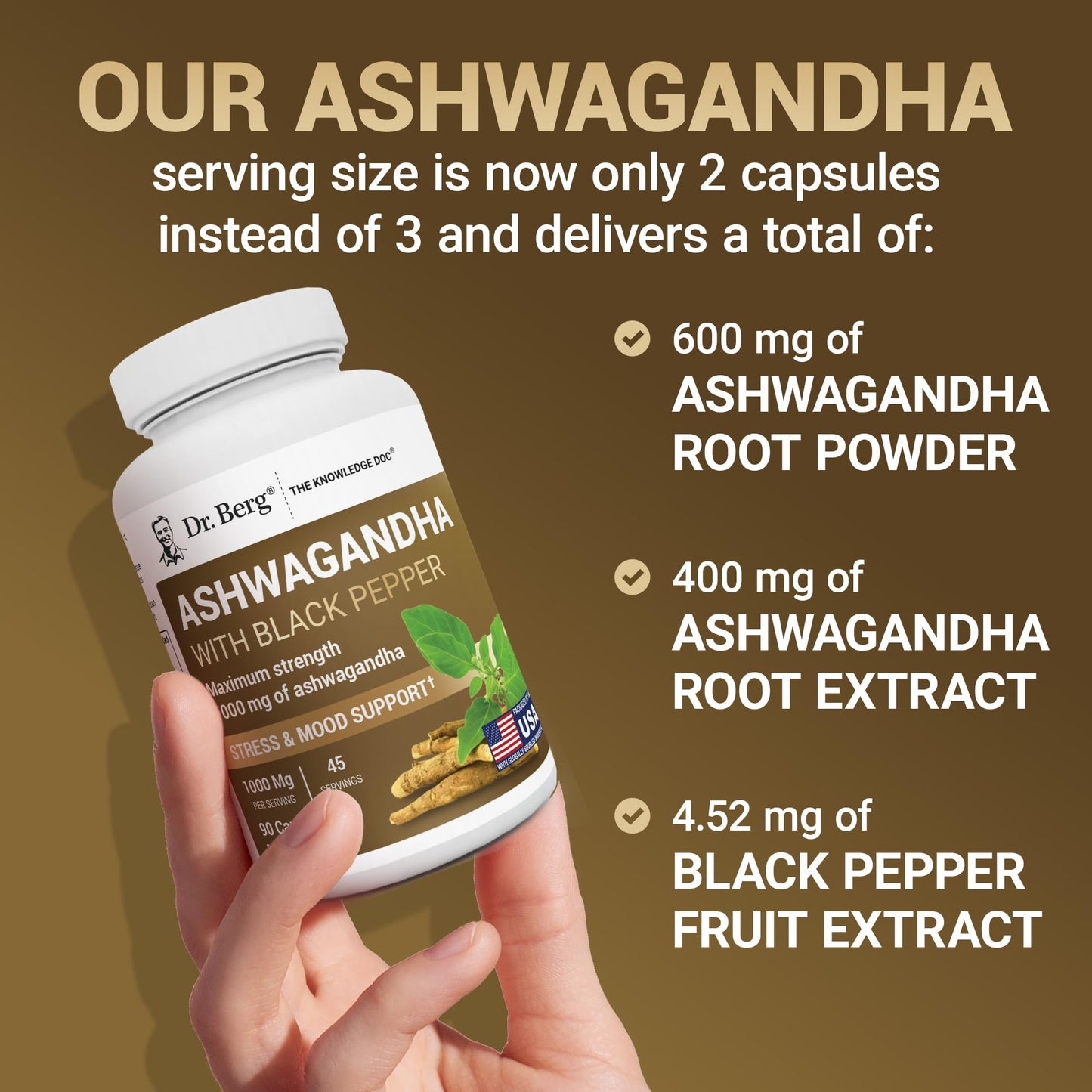 Dr. Berg Ashwagandha Capsules 1000mg | Bioperine Black Pepper | 90 Capsules