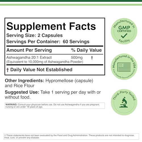 Ashwagandha Capsules 120 Count (500mg 20:1) Adaptogen | Double Wood