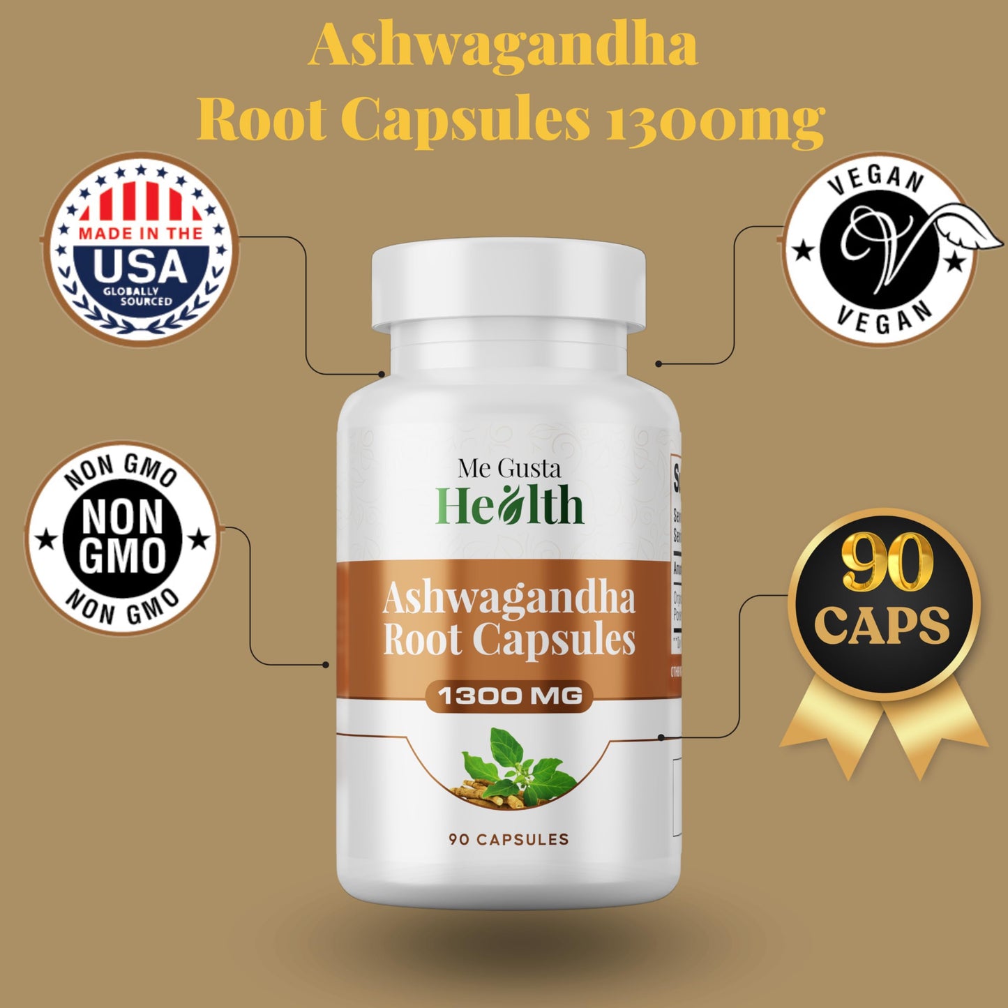 ME GUSTA HEALTH Ashwagandha Root Powder Capsules 1300mg – 90 Veg Capsules – Immune & Mood Support