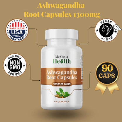 ME GUSTA HEALTH Ashwagandha Root Powder Capsules 1300mg – 90 Veg Capsules – Immune & Mood Support