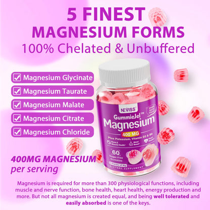Magnesium Gummies 400mg - 5-in-1 Complex for Women & Men | Ashwagandha, D3 & Zinc | Sugar-Free, Vegan | 60 Gummies