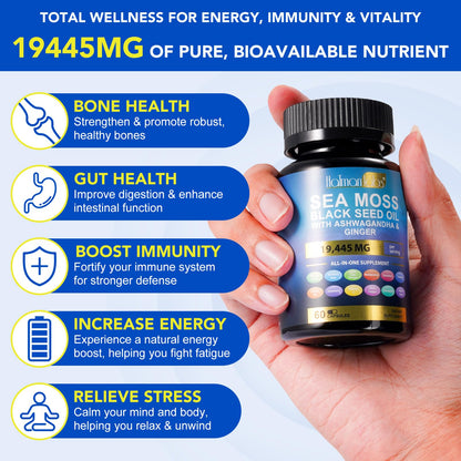 Sea Moss Black Seed Oil Ashwagandha Ginger Turmeric Capsules & Gummies – 60 Count