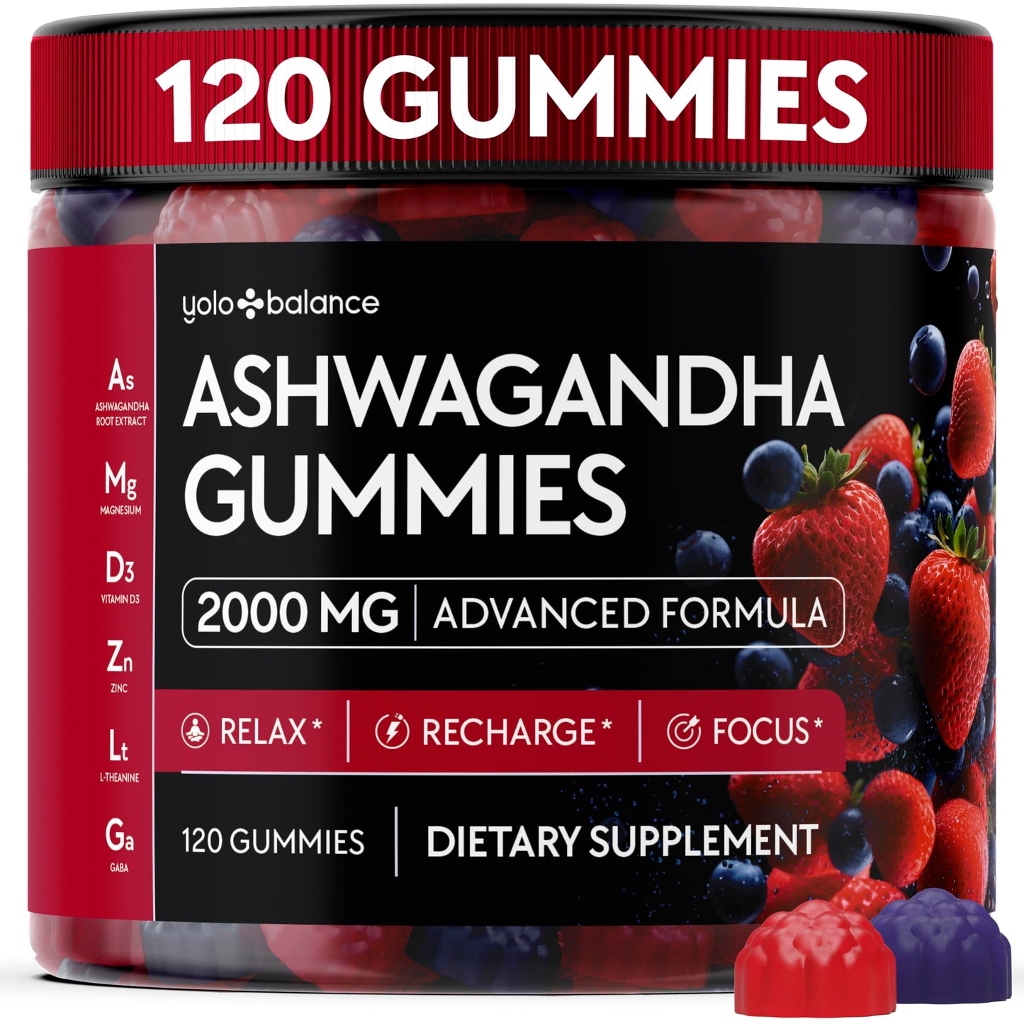 Ashwagandha Gummies – 120 Count (2000 mg) with L-Theanine, GABA, Magnesium, Zinc & Vitamin D3 – Sugar-Free, Vegan, Non-GMO