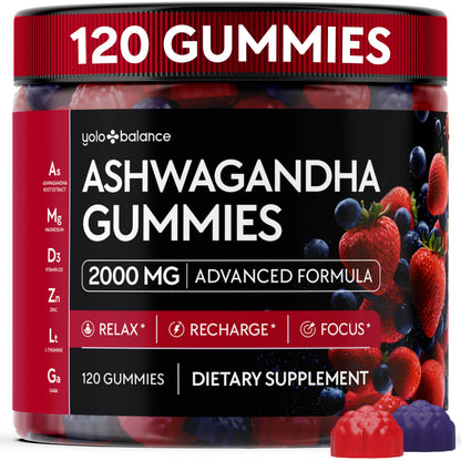 Ashwagandha Gummies – 120 Count (2000 mg) with L-Theanine, GABA, Magnesium, Zinc & Vitamin D3 – Sugar-Free, Vegan, Non-GMO