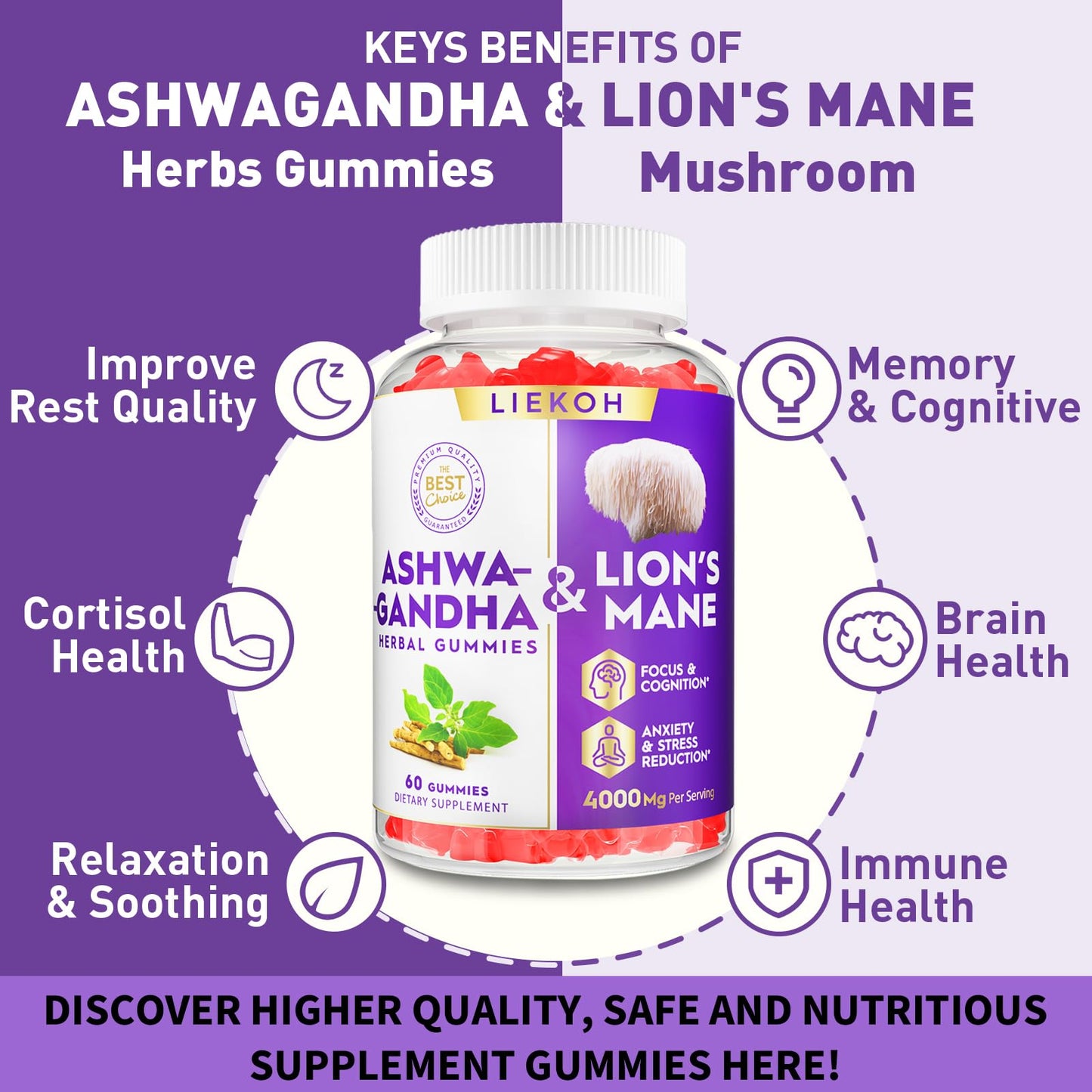 Ashwagandha Gummies with Organic Ashwagandha & Lion's Mane – Berry Flavor, 60 Count