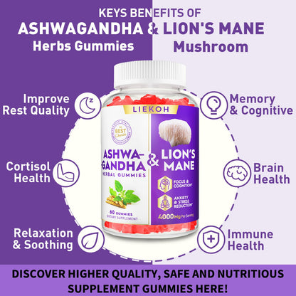 Ashwagandha Gummies with Organic Ashwagandha & Lion's Mane – Berry Flavor, 60 Count