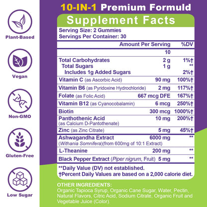 Ashwagandha Gummies - 10 in 1 Organic Ashwaganda Gummies for Women & Men, with L Theanine, Vitamin B6, Black Pepper for Relaxation*, Cognitive, Immune, Zzz, Cortisol, Vegan, Berry Flavor - 60 Count