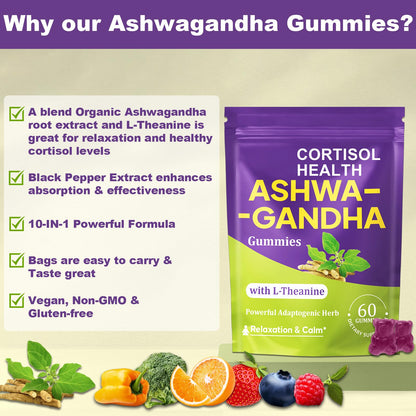 Ashwagandha Gummies - 10 in 1 Organic Ashwaganda Gummies for Women & Men, with L Theanine, Vitamin B6, Black Pepper for Relaxation*, Cognitive, Immune, Zzz, Cortisol, Vegan, Berry Flavor - 60 Count