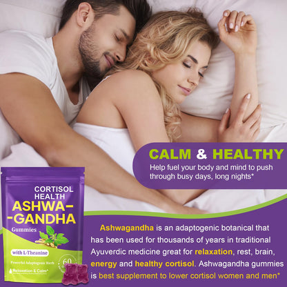 Ashwagandha Gummies - 10 in 1 Organic Ashwaganda Gummies for Women & Men, with L Theanine, Vitamin B6, Black Pepper for Relaxation*, Cognitive, Immune, Zzz, Cortisol, Vegan, Berry Flavor - 60 Count