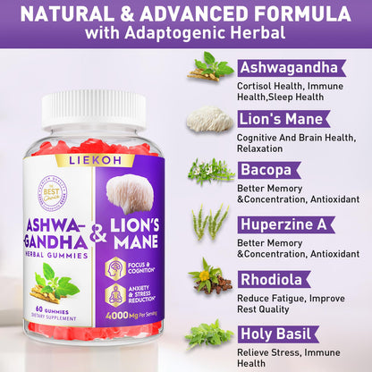 Ashwagandha Gummies with Organic Ashwagandha & Lion's Mane – Berry Flavor, 60 Count