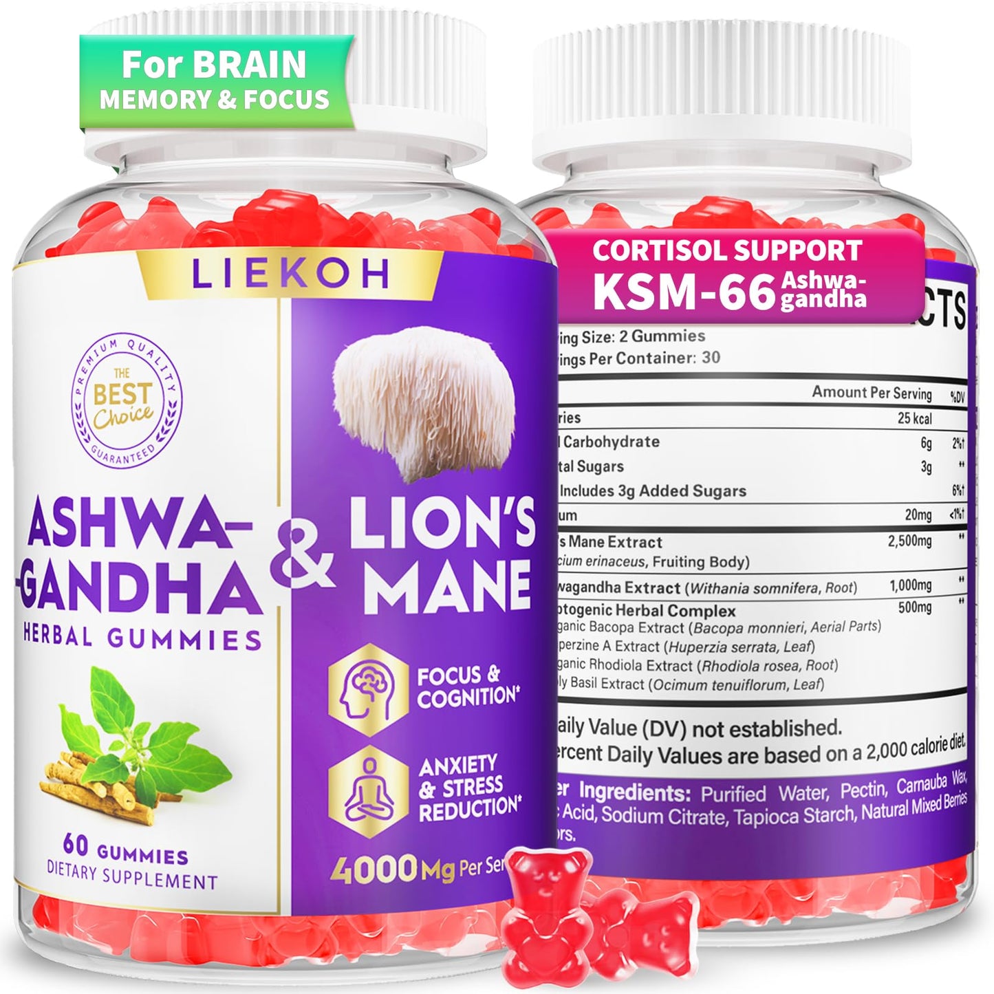 Ashwagandha Gummies with Organic Ashwagandha & Lion's Mane – Berry Flavor, 60 Count