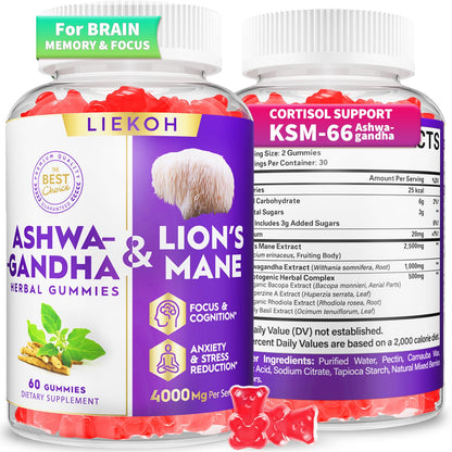 Ashwagandha Gummies with Organic Ashwagandha & Lion's Mane – Berry Flavor, 60 Count