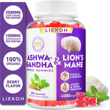 Ashwagandha Gummies with Organic Ashwagandha & Lion's Mane – Berry Flavor, 60 Count