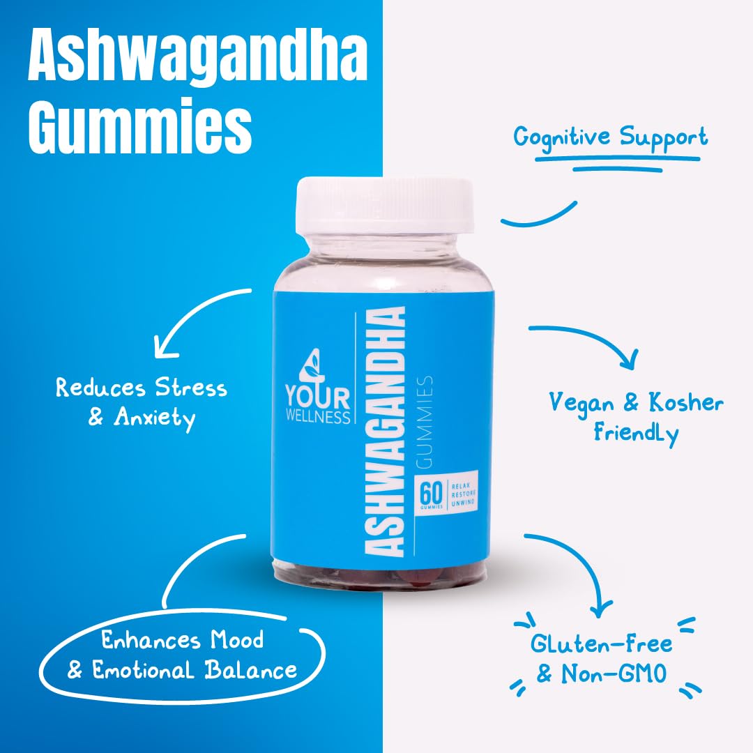4 Your Wellness Ashwagandha Gummies – Mixed Berry, KSM-66, Lion's Mane, Vitamin D (60 Count) | Non-GMO, Gluten-Free, Kosher