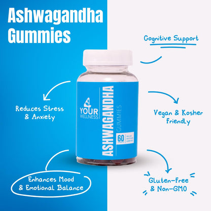 4 Your Wellness Ashwagandha Gummies – Mixed Berry, KSM-66, Lion's Mane, Vitamin D (60 Count) | Non-GMO, Gluten-Free, Kosher