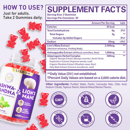 Ashwagandha Gummies with Organic Ashwagandha & Lion's Mane – Berry Flavor, 60 Count