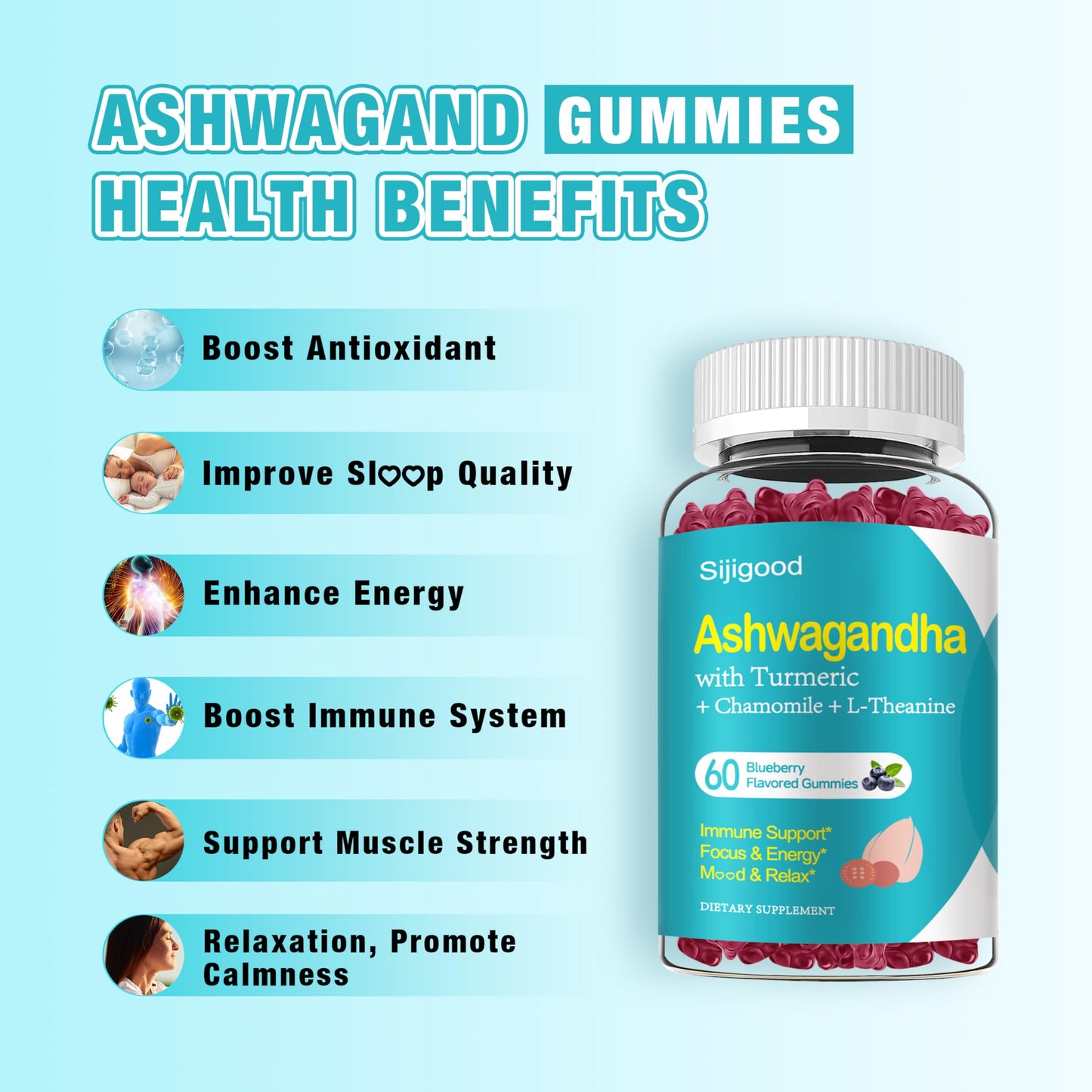 Ashwagandha Gummies for Immunity & Relaxation - Blueberry, 60 Count
