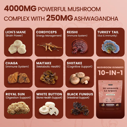 Lions Mane Mushroom Gummies with Ashwagandha | 4000mg 10-Mushroom Complex | 60 Count