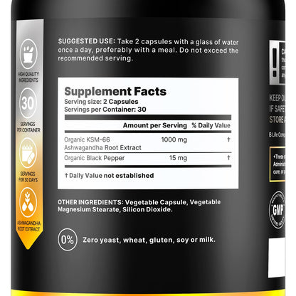Organic Ashwagandha KSM-66 1000 mg Supplement | Adaptogen for Cortisol Support & Stress Relief | Mood, Calm & Sleep Aid for Men & Women | Ashwagandha ritual vitamins for women | 60 Vegan Caps