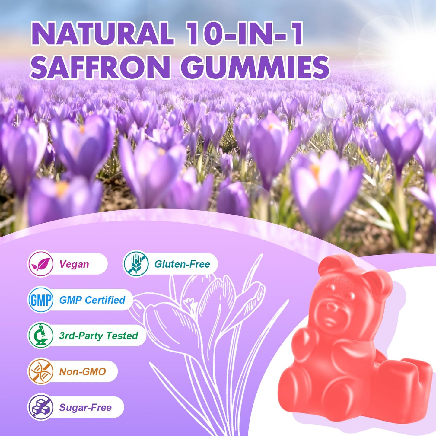 Saffron Gummies for Adult Kids - 88.5mg Saffron, Mood & Focus, Vegan Raspberry 60 Gummies