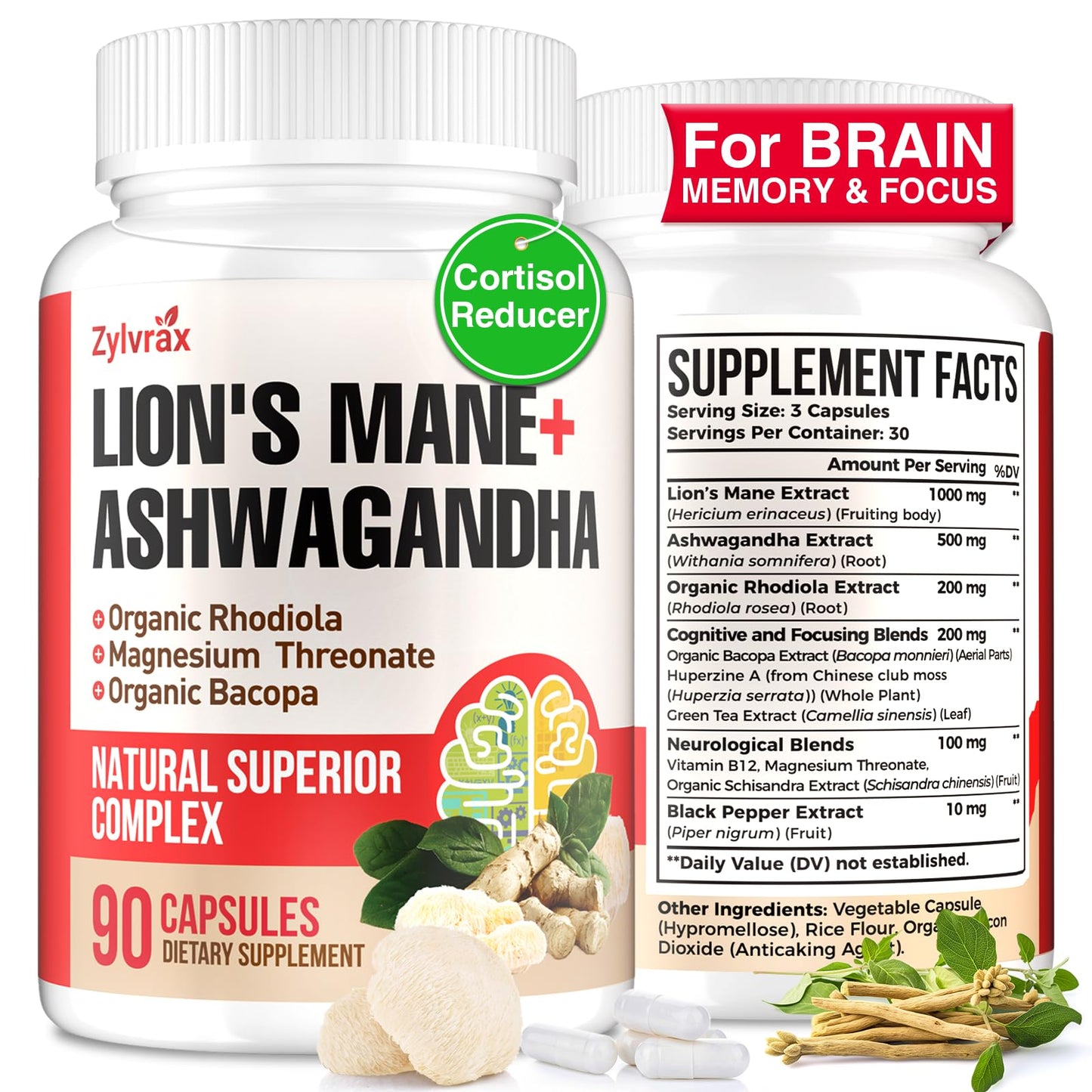 Ashwagandha & Lions Mane Capsules for Brain, Memory & Focus | 90 Capsules
