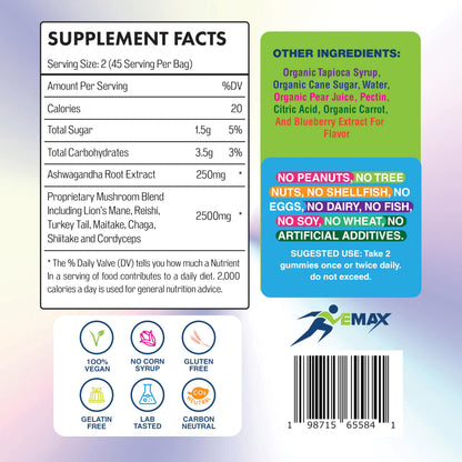 Ashwagandha & Lion’s Mane Gummies – Organic Vegan Mushroom Supplement for Immunity & Brain Health