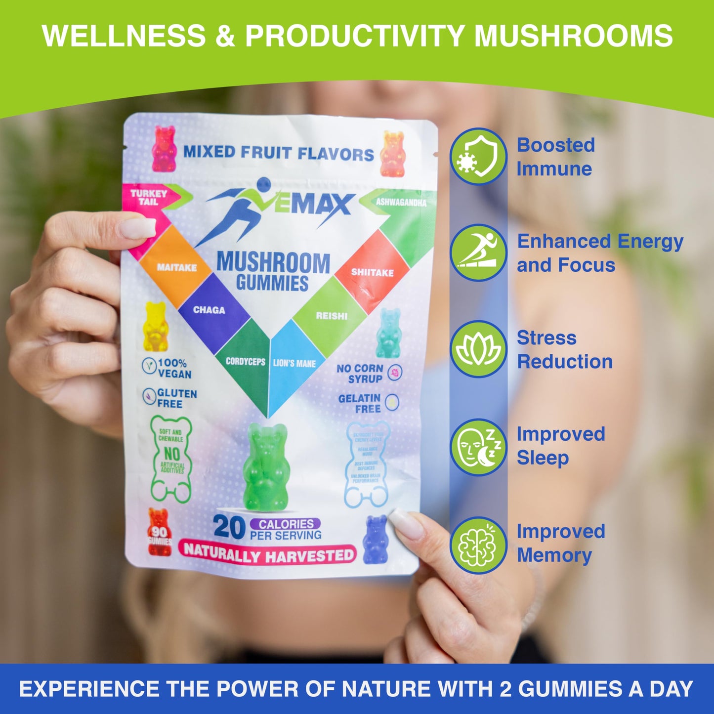 Ashwagandha & Lion’s Mane Gummies – Organic Vegan Mushroom Supplement for Immunity & Brain Health