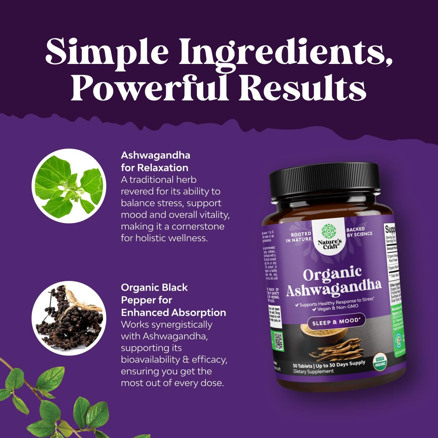 High Strength Organic Ashwagandha Tablets – Mood Support & Hormone Balance (30 Ct) with Black Pepper
