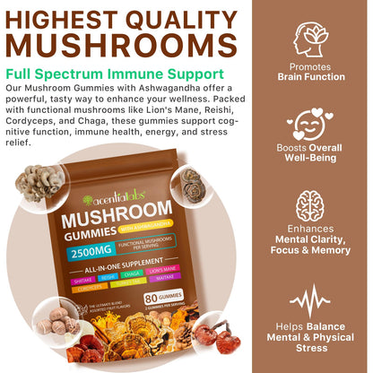 Ashwagandha Gummies with Super Mushroom Blend – Immune Support & Focus (Vegan, 80 Ct)