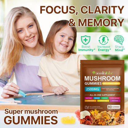 Ashwagandha Gummies with Super Mushroom Blend – Immune Support & Focus (Vegan, 80 Ct)