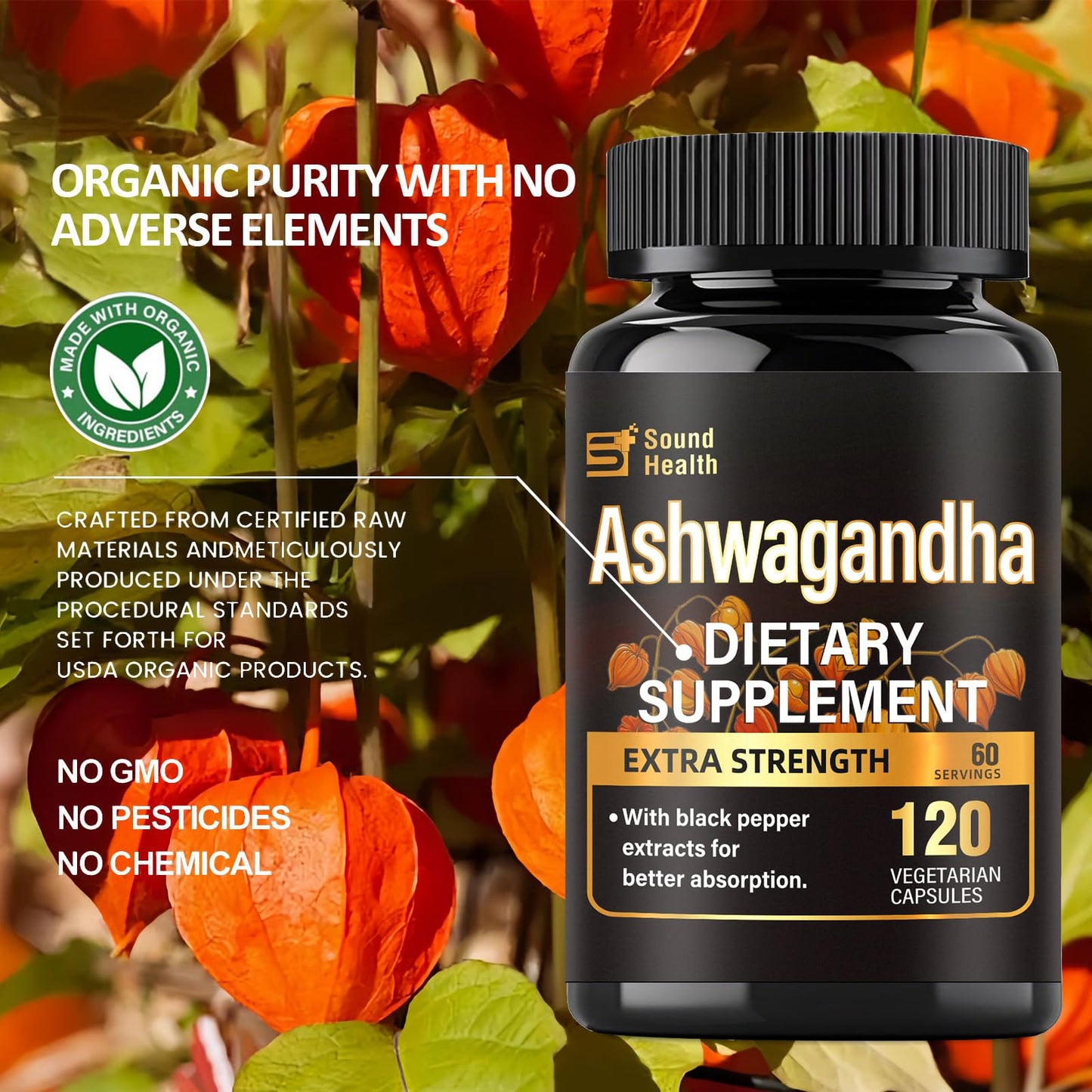 7000mg Ashwagandha 20:1 Extract Capsules – 120ct, Black Pepper, Non-GMO