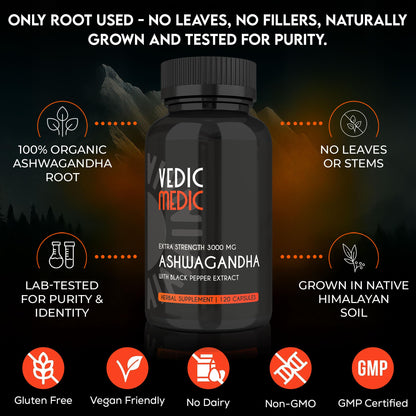 Vedic Medic Organic Ashwagandha Capsules Extra Strength 3000mg – Stress Relief, Mood & Energy Support (Vegan, Non-GMO)