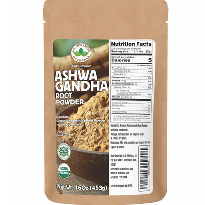 U.S. Wellness Naturals Organic Ashwagandha Root Powder – 1 lb, No Fillers, No Additives, Resealable Bag, Non-GMO