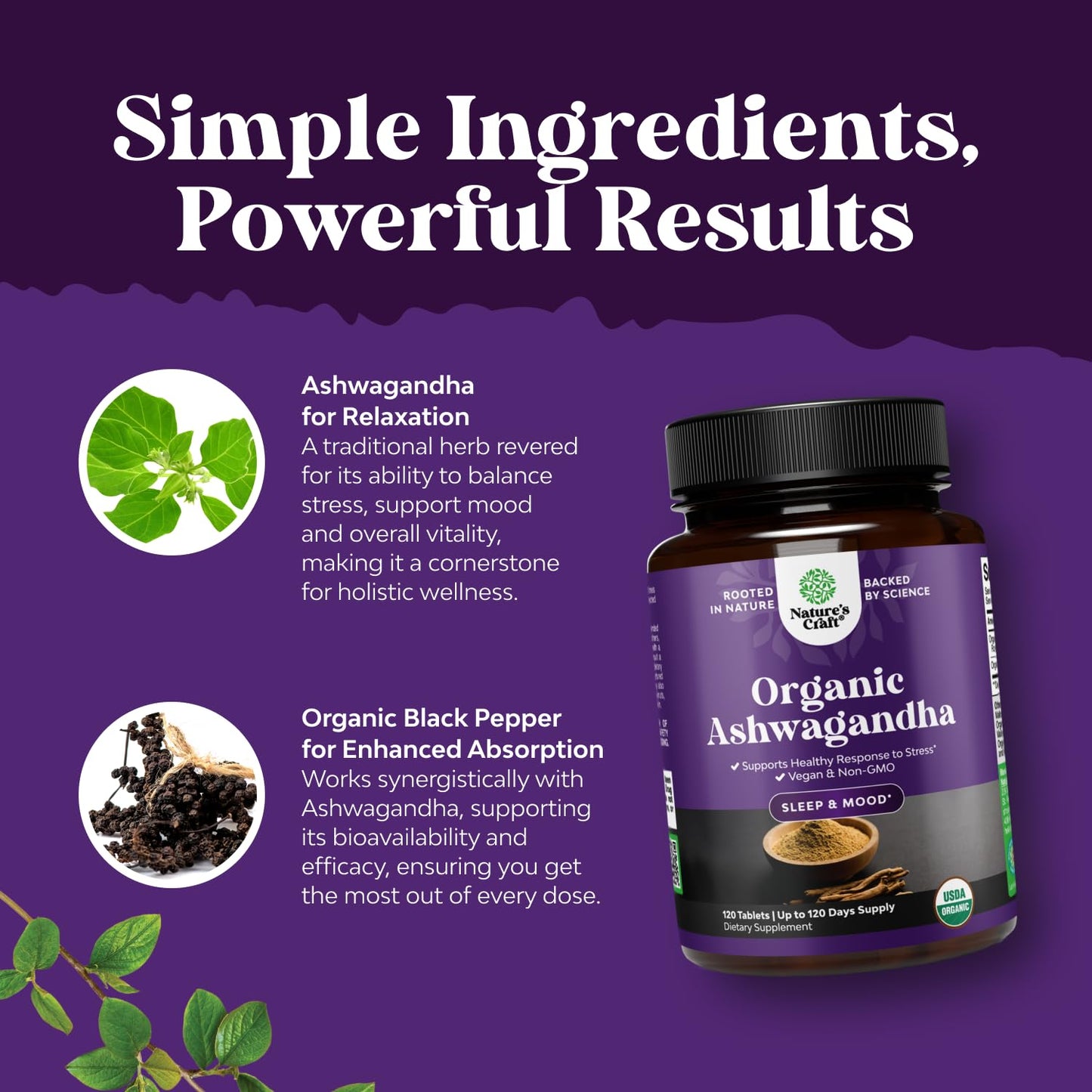High Strength Organic Ashwagandha Supplements - Mood Support & Hormone Balance | 120 Ct