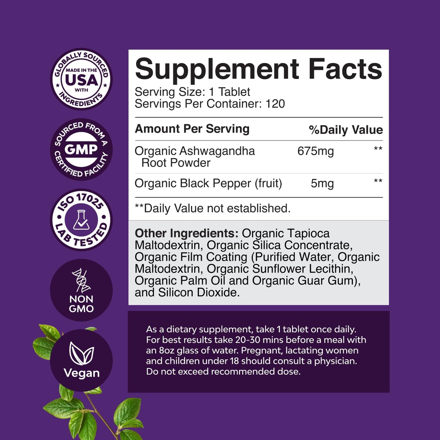 High Strength Organic Ashwagandha Supplements - Mood Support & Hormone Balance | 120 Ct