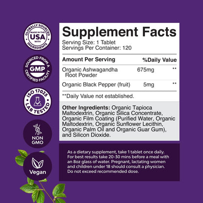 High Strength Organic Ashwagandha Supplements - Mood Support & Hormone Balance | 120 Ct