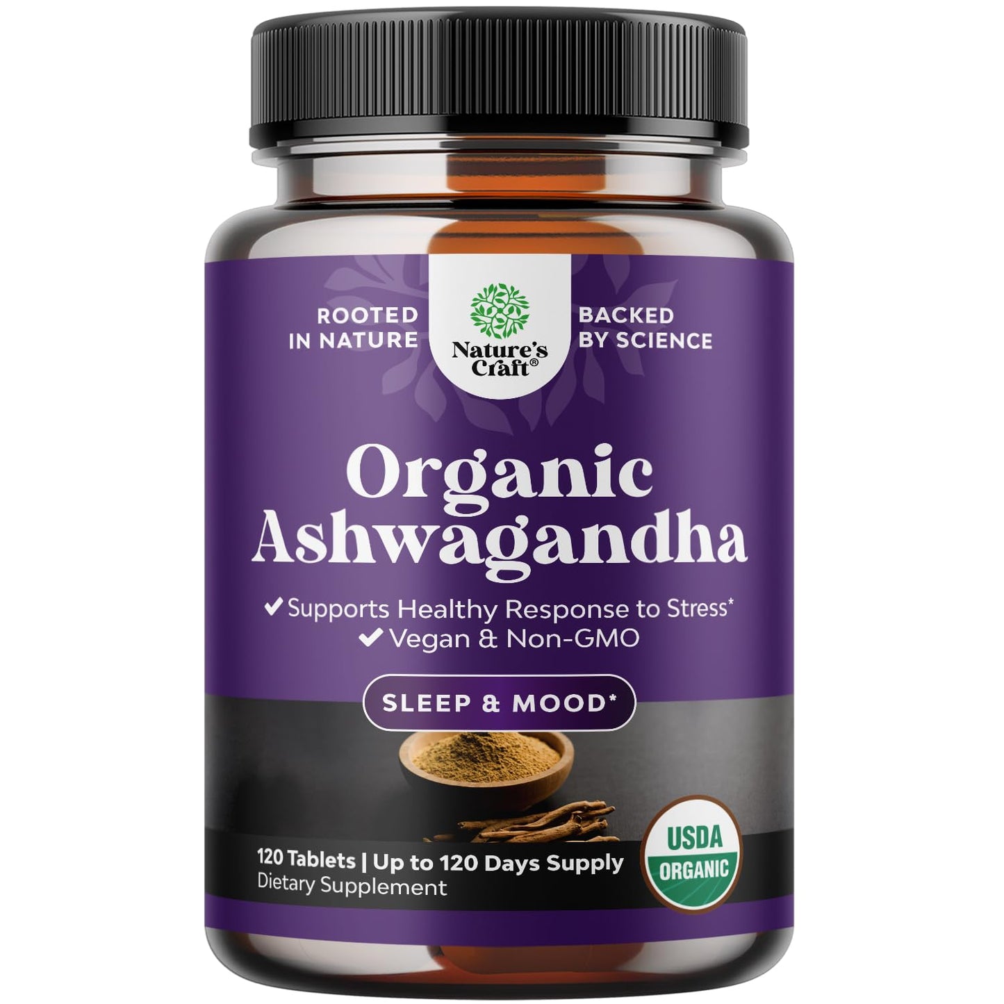 High Strength Organic Ashwagandha Supplements - Mood Support & Hormone Balance | 120 Ct