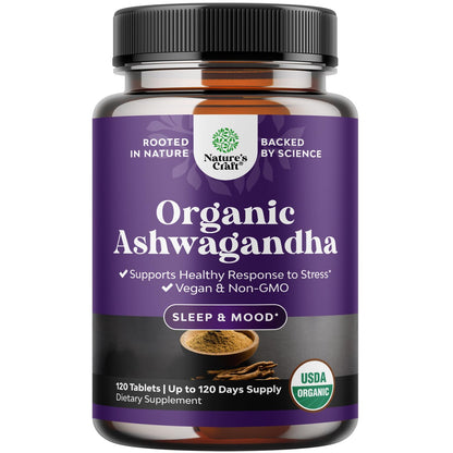 High Strength Organic Ashwagandha Supplements - Mood Support & Hormone Balance | 120 Ct
