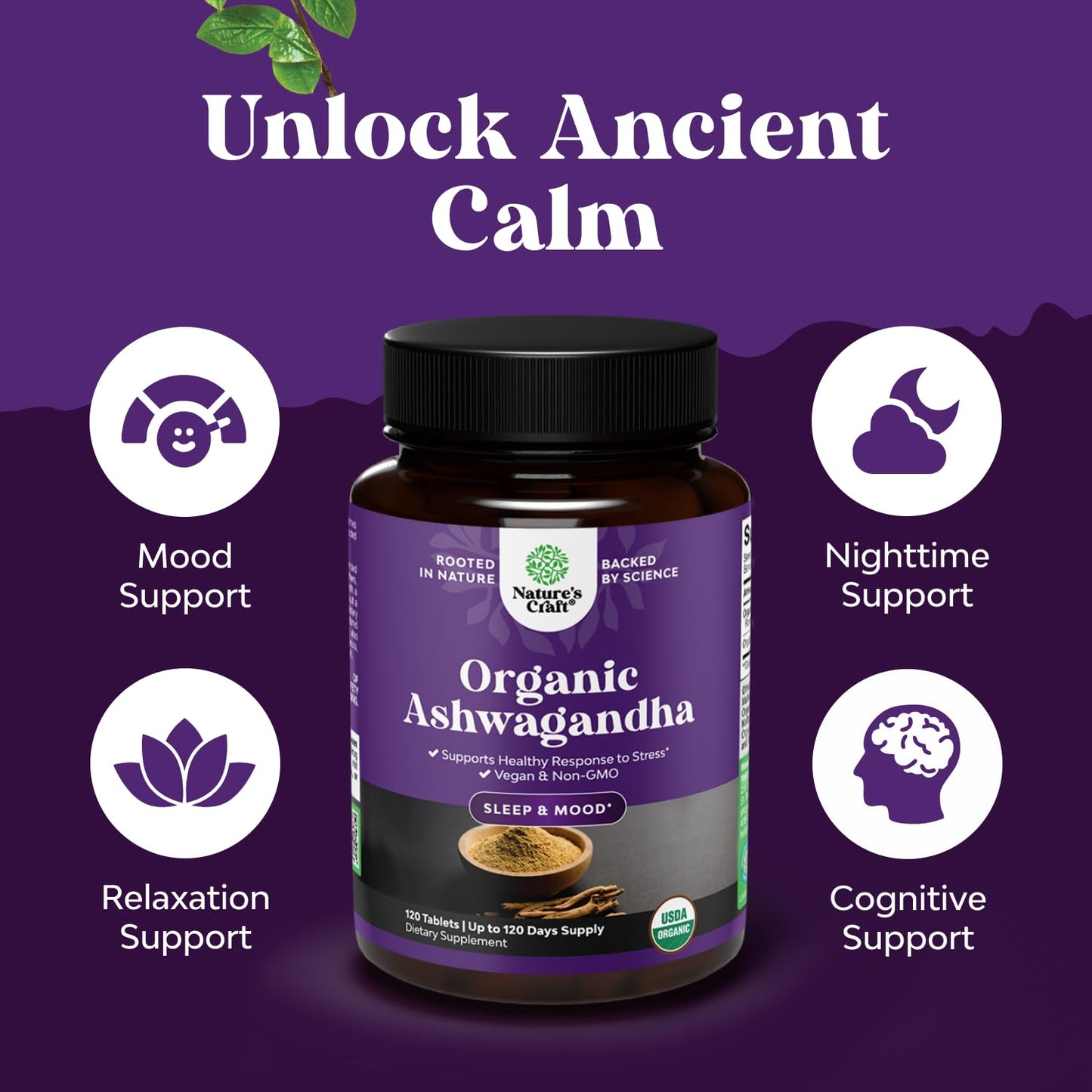 High Strength Organic Ashwagandha Supplements - Mood Support & Hormone Balance | 120 Ct