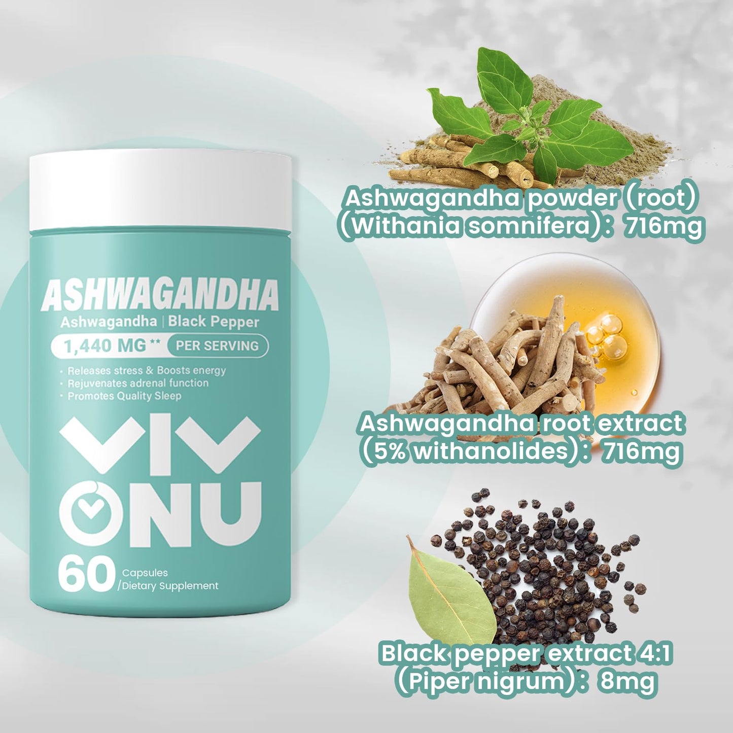 VivoNu Ashwagandha Vegan Capsules – KSM-66, Black Pepper, 60 Count