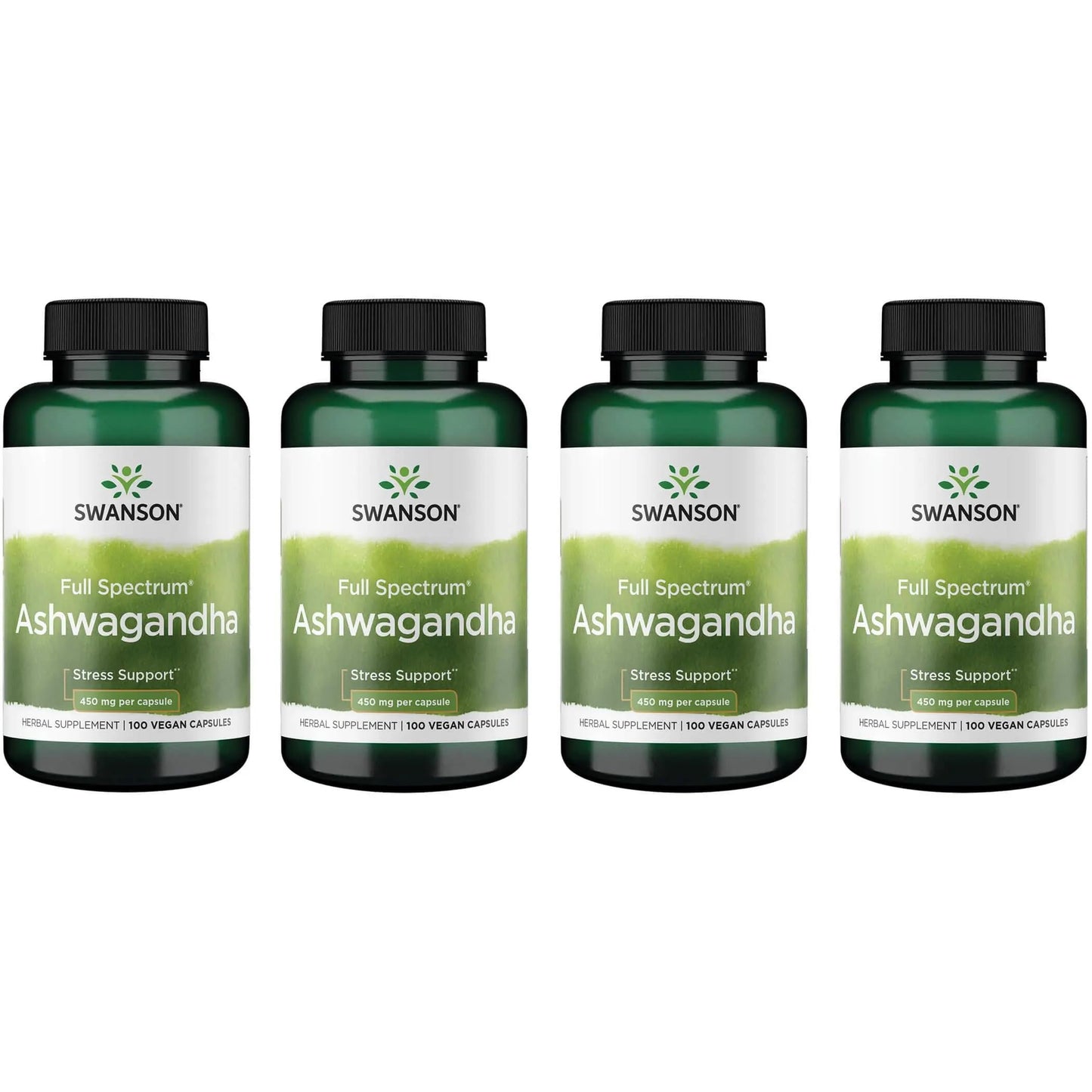 Swanson Ashwagandha Powder Supplement - Stress Relief & Energy | Ayurvedic Root 450mg, 100 Capsules, 4 Pack