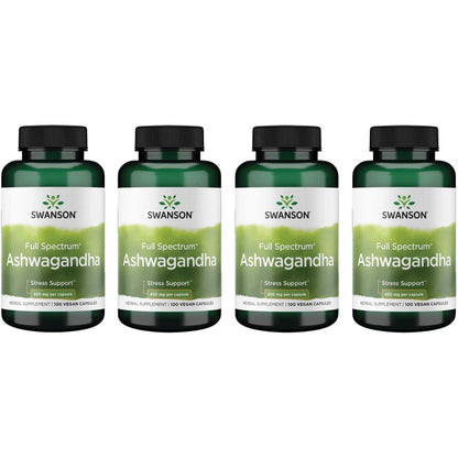 Swanson Ashwagandha Powder Supplement - Stress Relief & Energy | Ayurvedic Root 450mg, 100 Capsules, 4 Pack