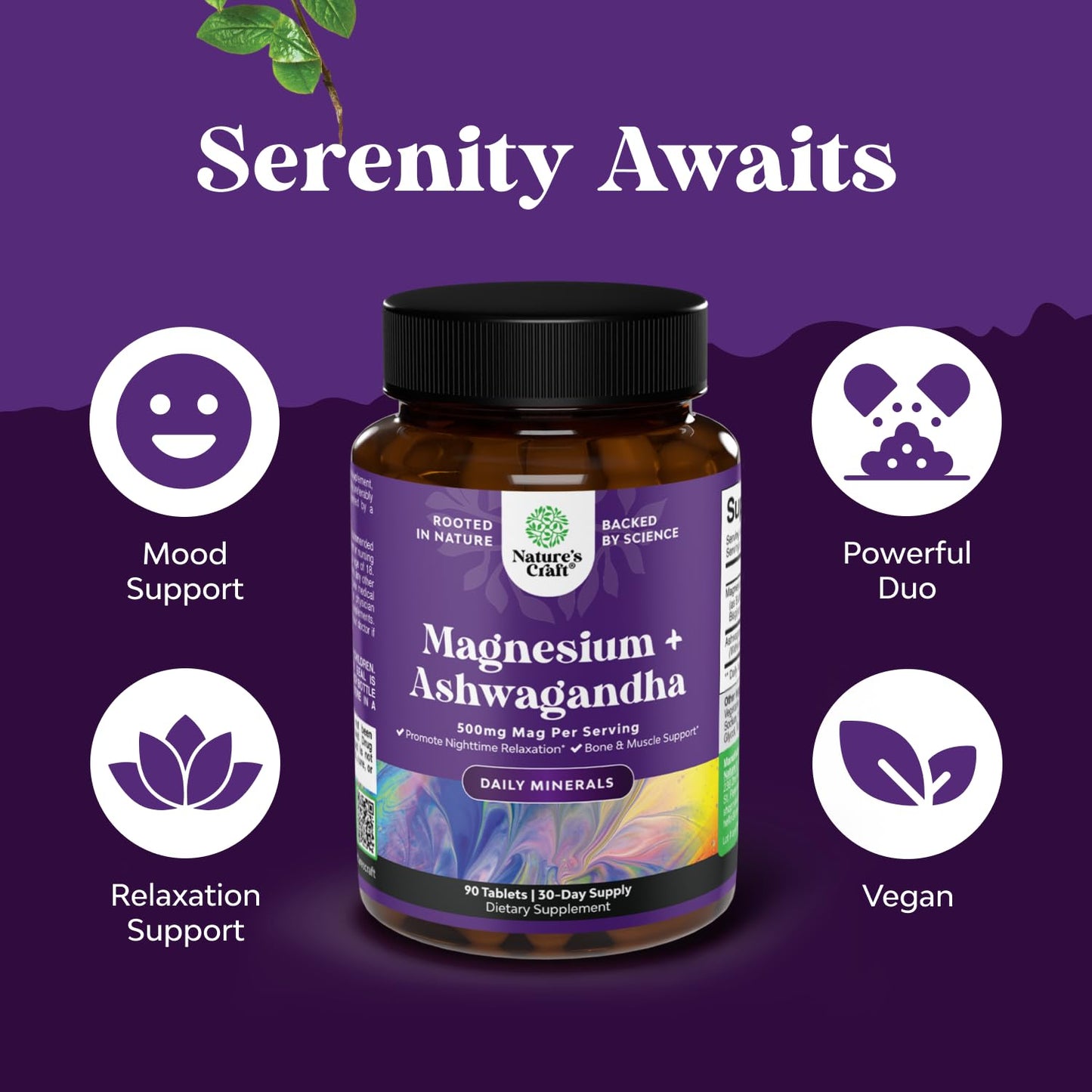 Pure Calm Magnesium Glycinate with Ashwagandha – Stress Support & Rest (90 Count)