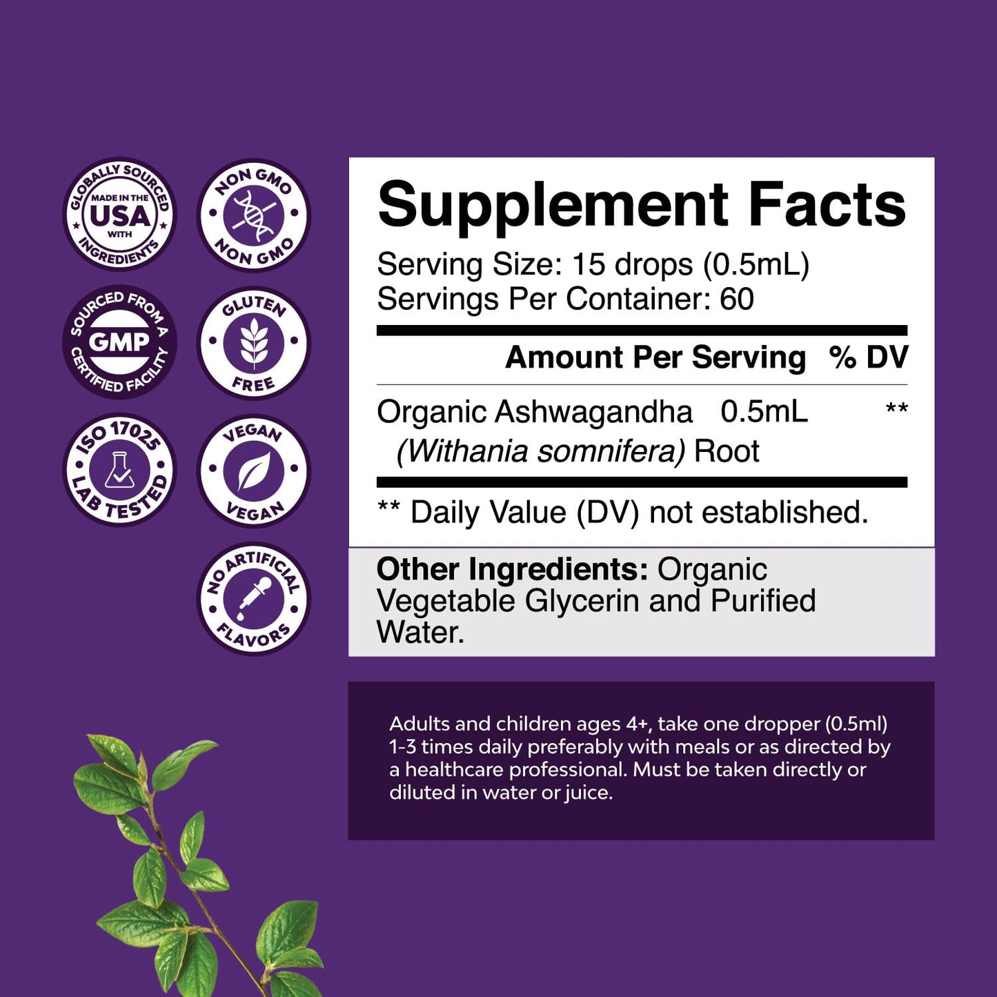 USDA Organic Ashwagandha Liquid Drops - Stress & Mood Support (Alcohol-Free, 30 ml)
