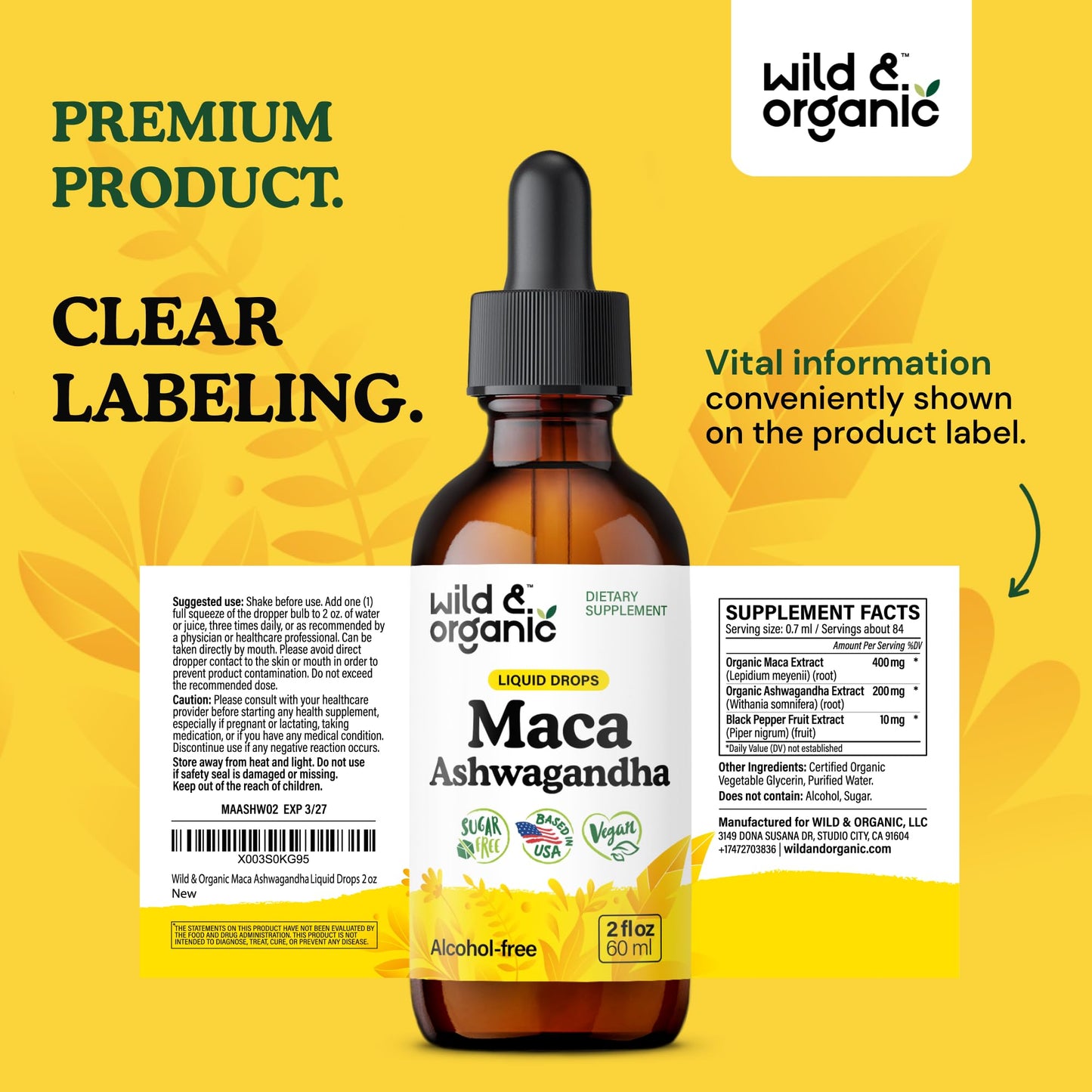 Wild & Organic Maca Ashwagandha Drops for Men and Women - Peruvian Maca Root & Ashwagandha Tincture - 2 fl oz