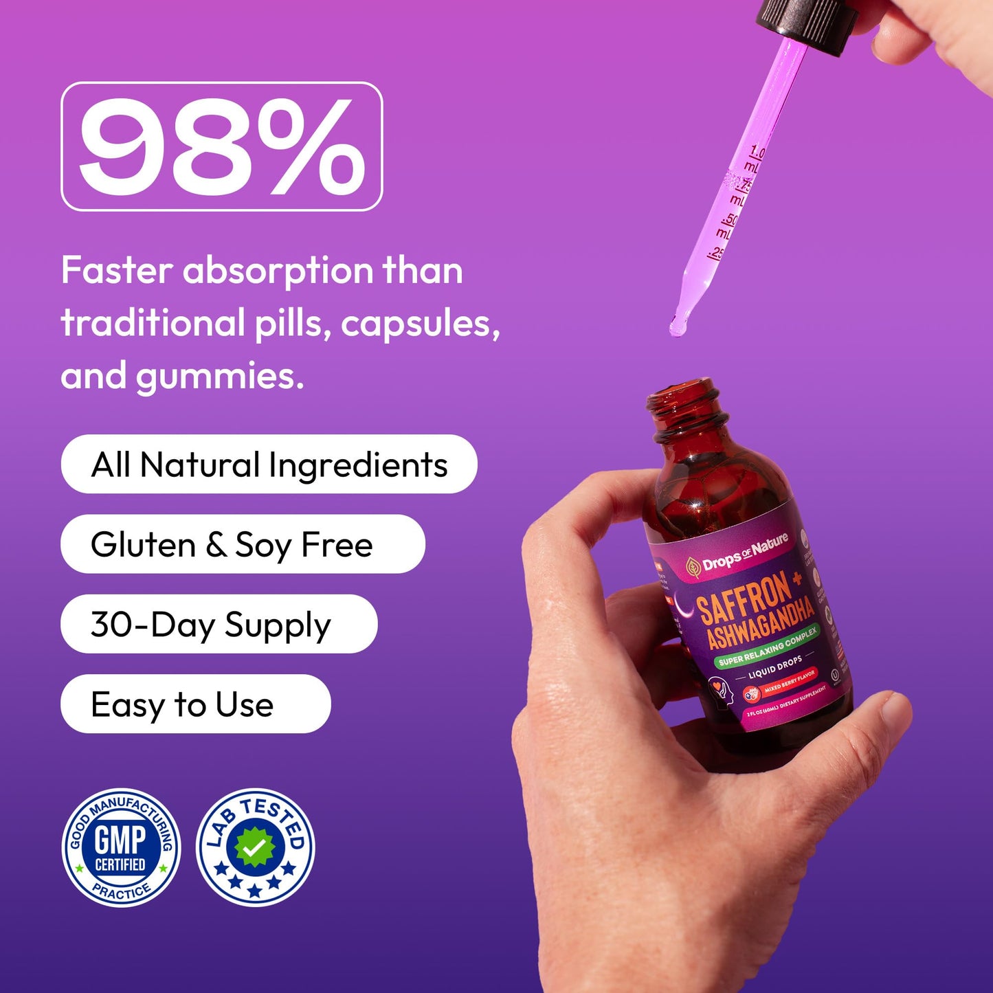 Ashwagandha & Saffron Supplement with KSM-66 – Vegan, Gluten-Free (60ml) – Mixed Berry