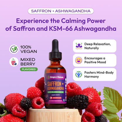 Ashwagandha & Saffron Supplement with KSM-66 – Vegan, Gluten-Free (60ml) – Mixed Berry