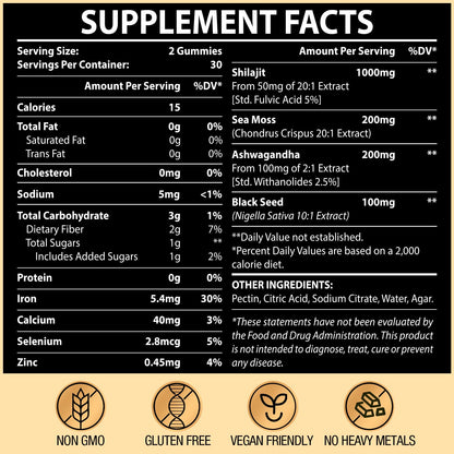 1500MG Shilajit Gummies – 4-in-1 with Ashwagandha, Sea Moss, Black Seed | Energy & Immunity | 60 Gummies